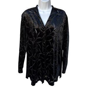Karen Kane Black Burnout Velvet V-Neck Button Down Shirt Vintage Minimalist sz L